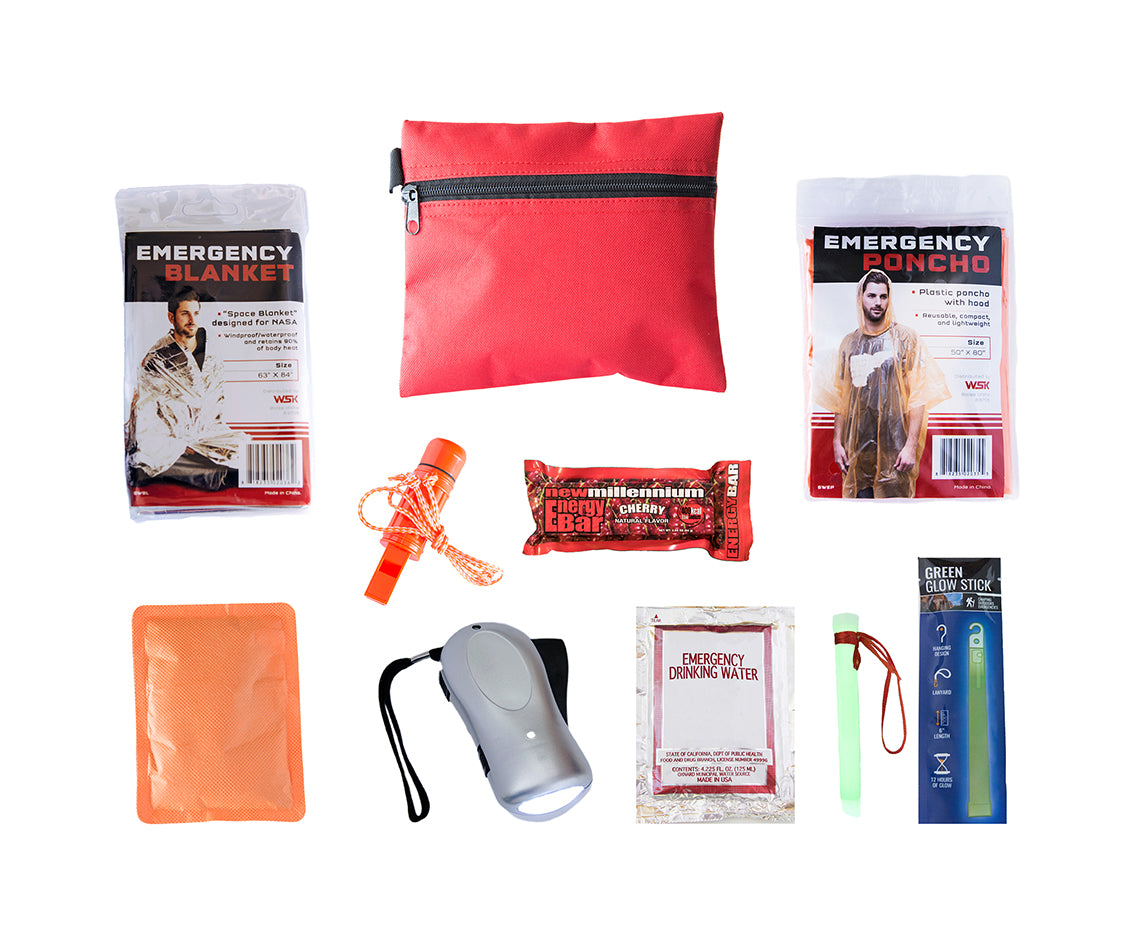 small kit for children to take to school, includes a compact pouch, emergency blanket, emergency poncho, emergency whistle, energy bar, hand warmer, hand powered flashlight, pouch of emergency drinking water and bright stick