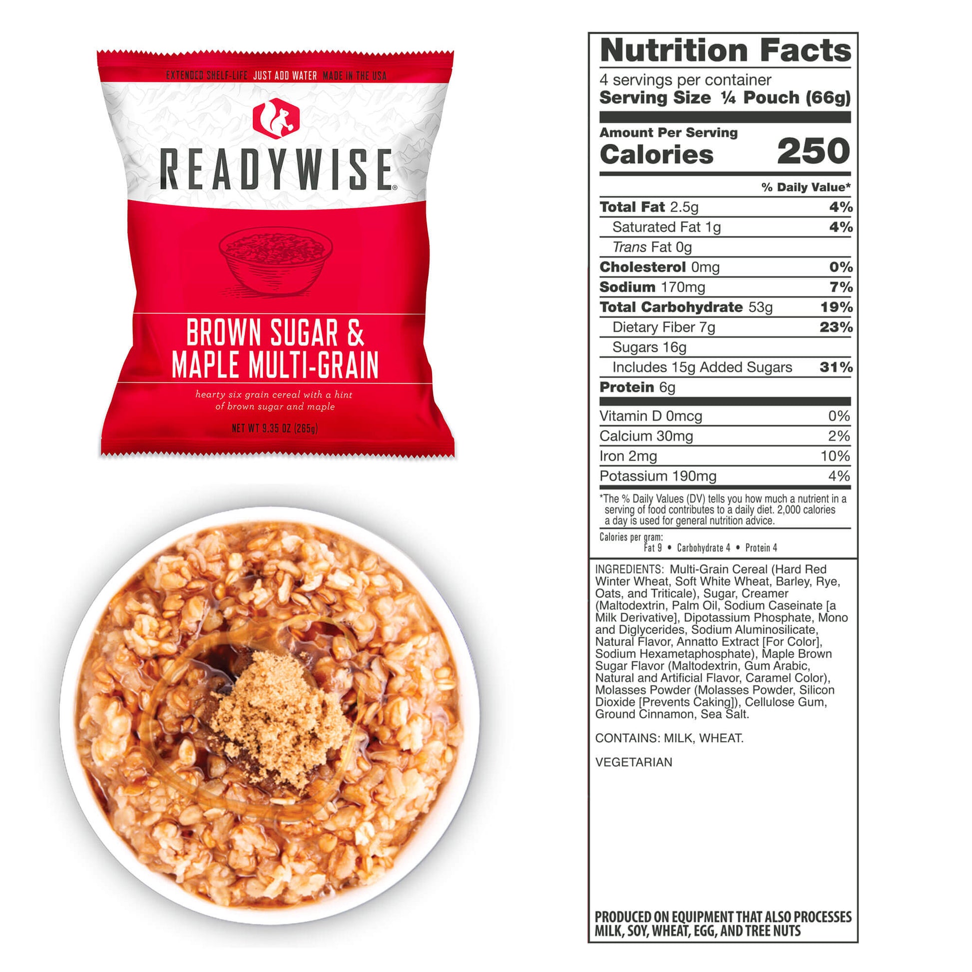 picture of packet of Readywise brown sugar and maple multi-grain with picture of prepared meal and nutrition facts