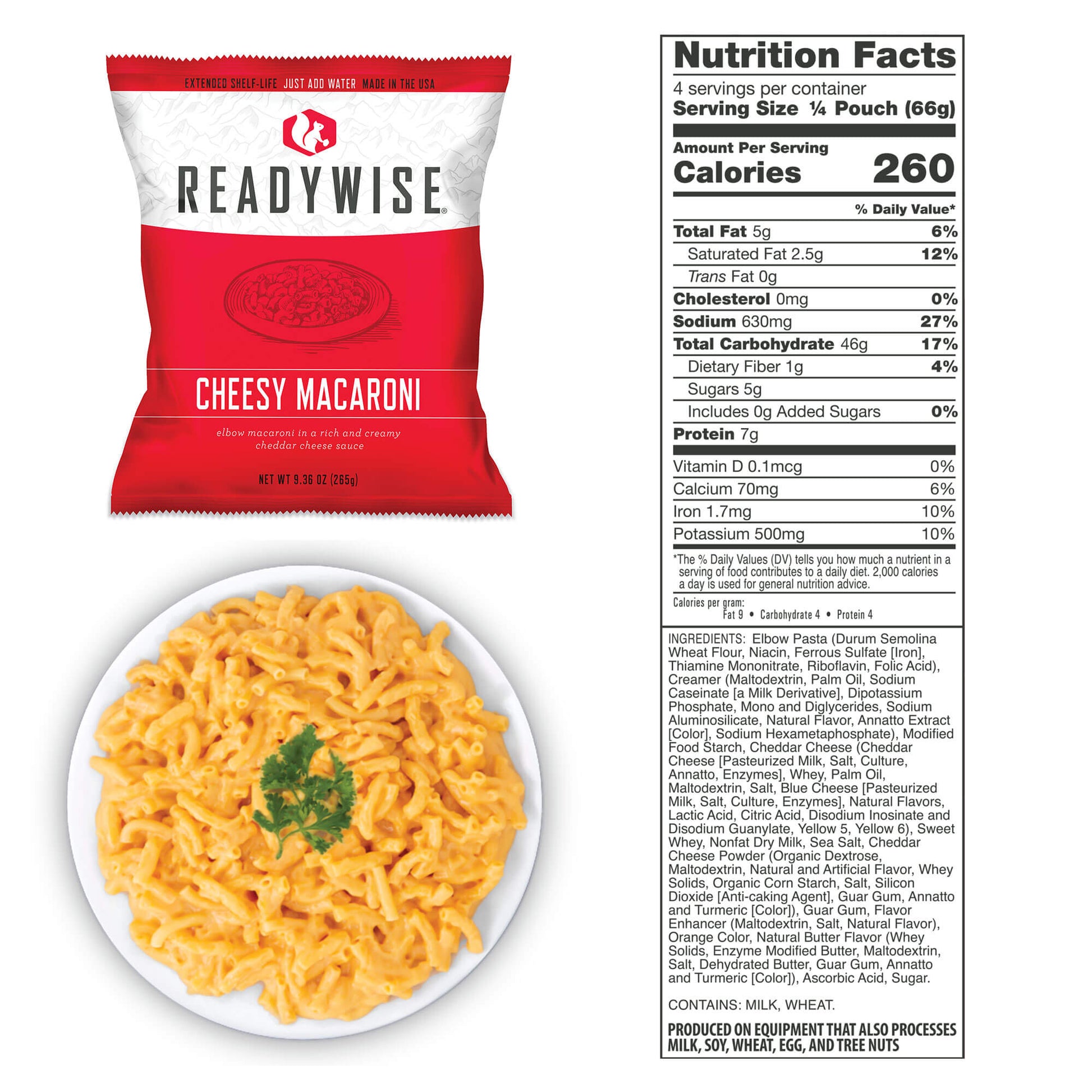 picture of packet of Readywise cheese macaroni with picture of plate of prepared food with nutrition facts