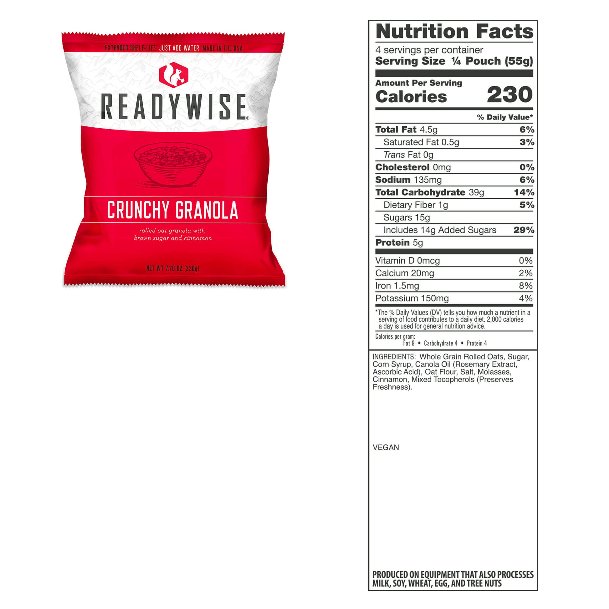 picture of packet of Readywise crunchy granola and nutrition facts