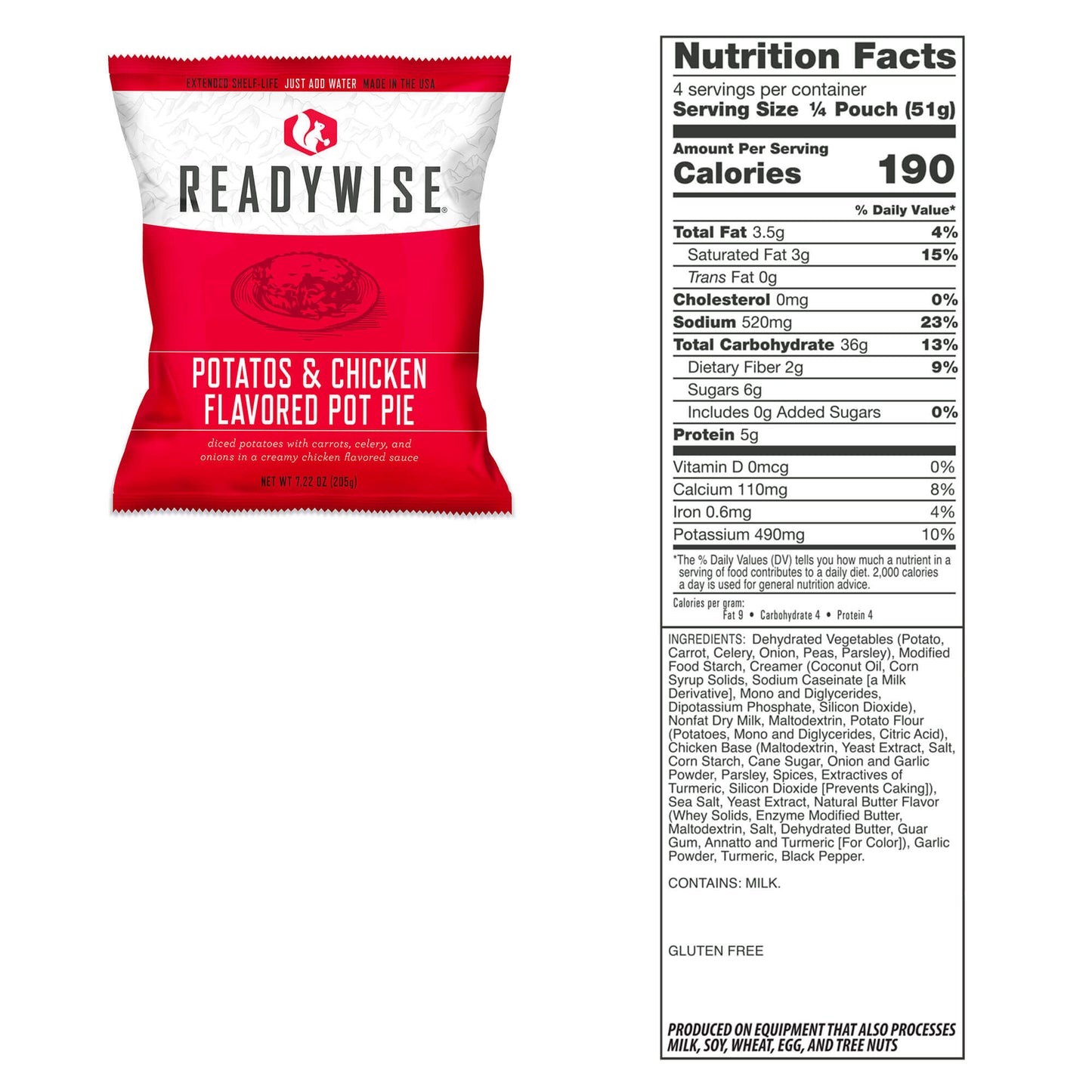 picture of packet of Readywise potatoes and chicken flavored pot pie and nutrition information