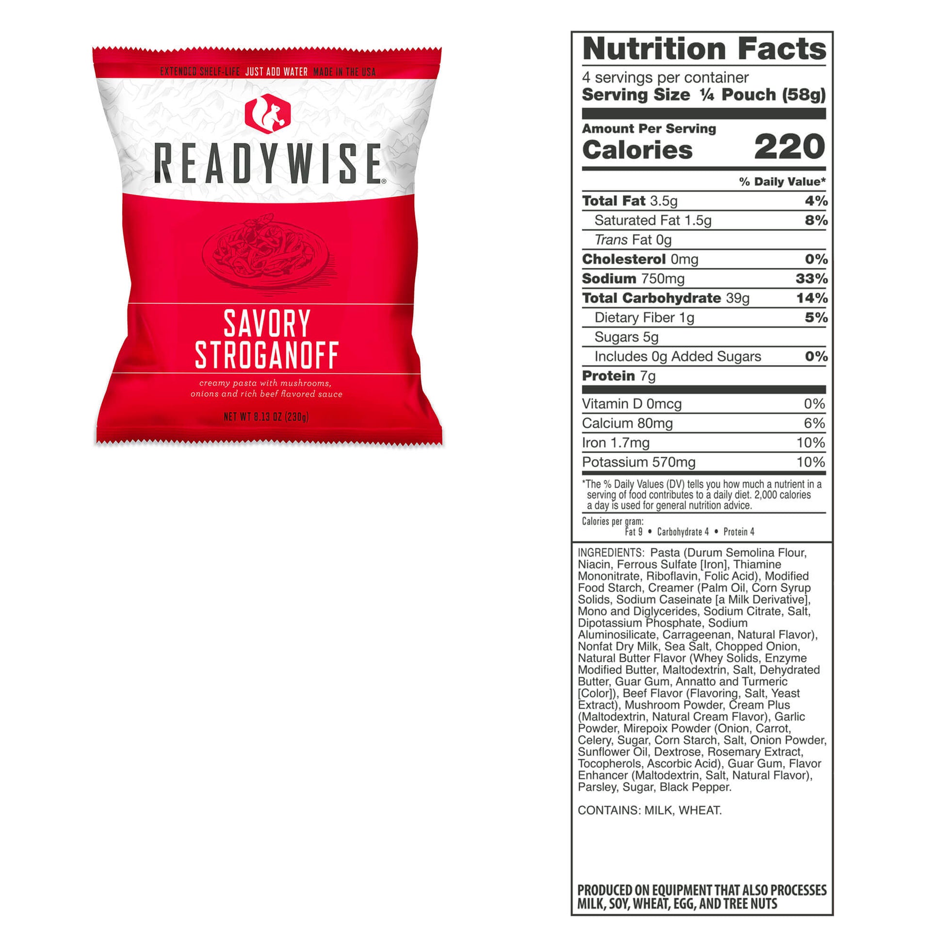 picture of packet of Readywise savory stroganoff along with nutrition facts