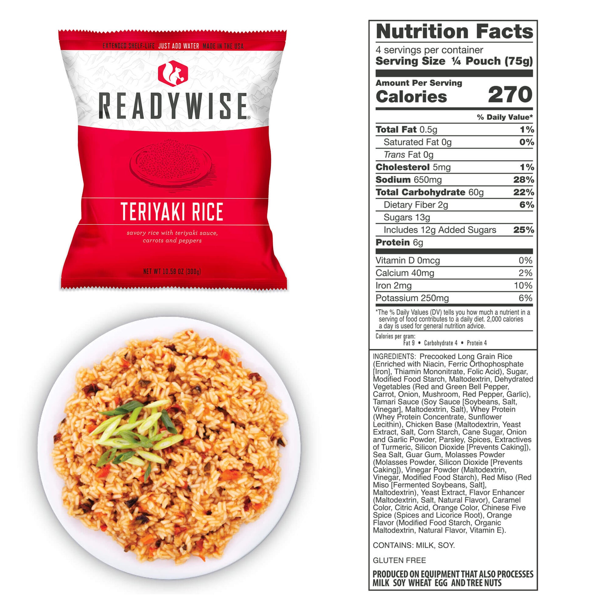 picture of packet of Readywise teriyaki rice along with picture of prepared food and nutrition facts
