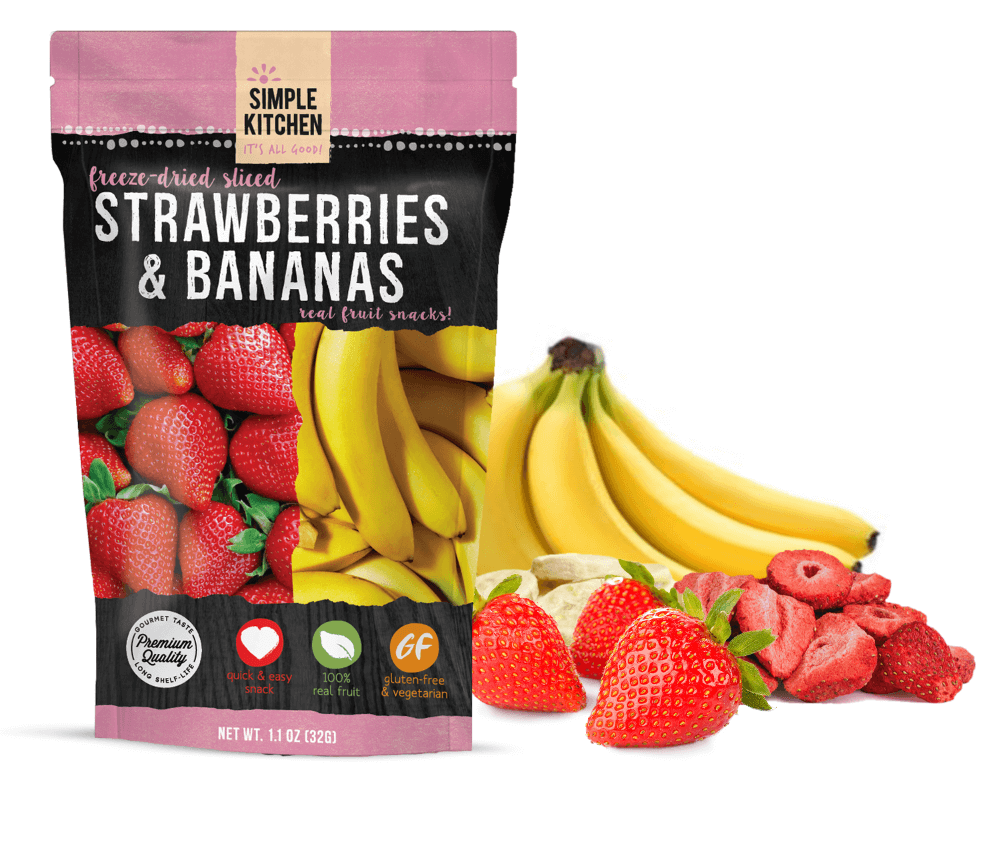 picture of packet of Simple kitchen freeze-dried strawberries and bananas, and pictures of dehydrated bananas and strawberries - what's in the packet