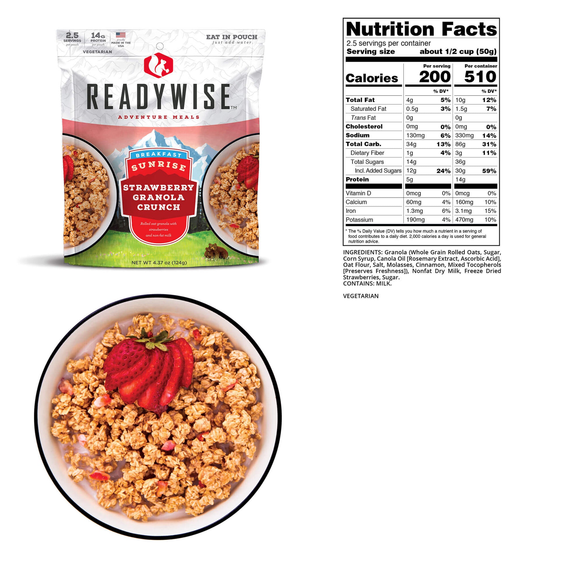 picture of Readywise Strawberry granola crunch cereal packet and bowl of prepared food