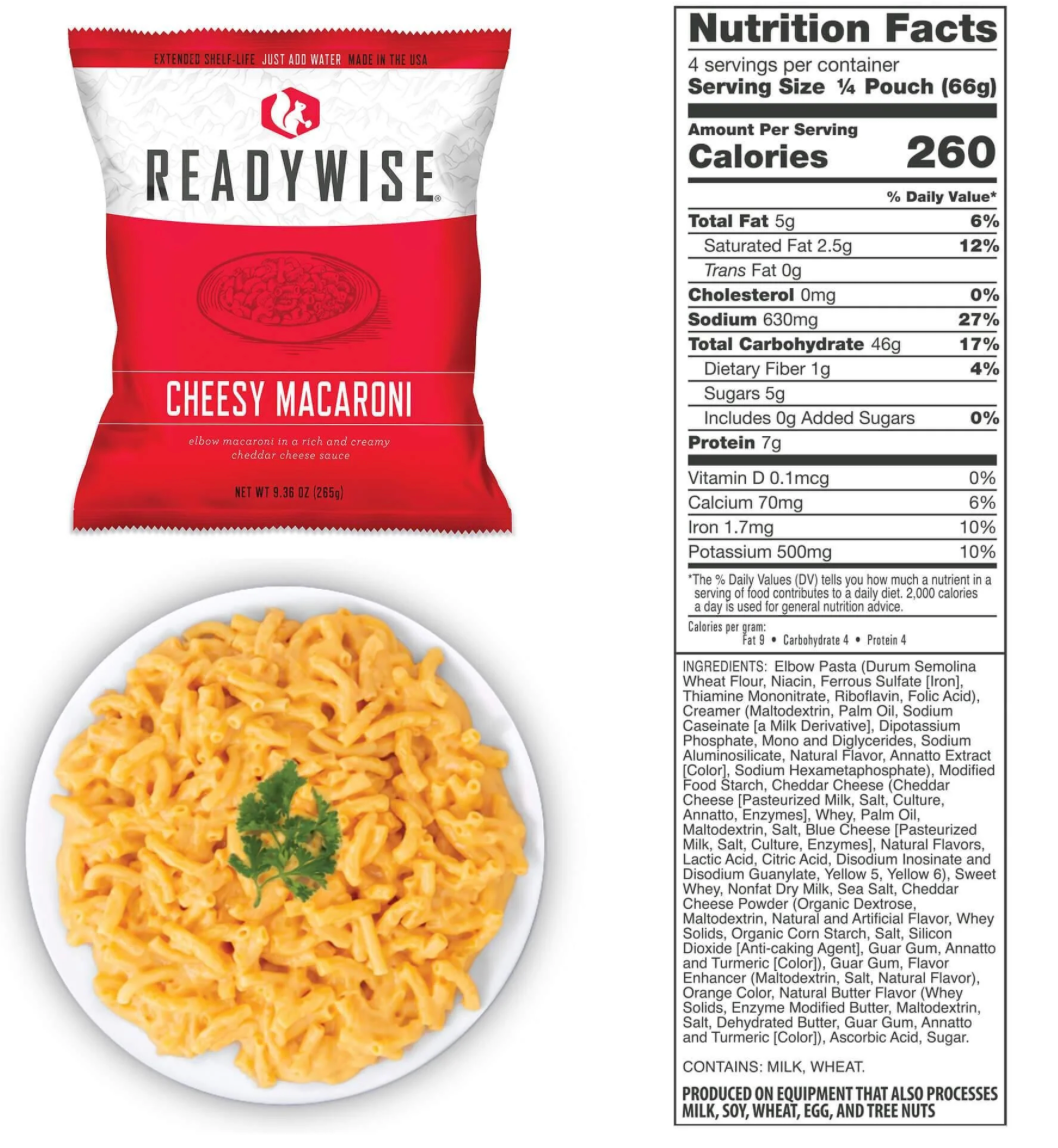 Picture of Readywise cheesy macaroni with plate of prepared food and nutritional information