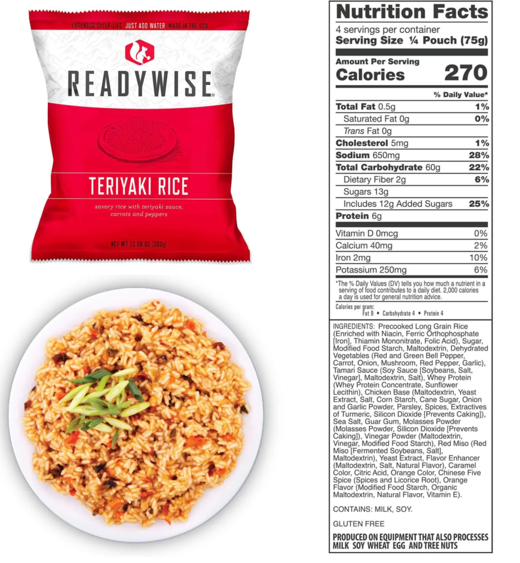 picture of packet of Readywise teriyaki rice with picture of plate of prepared food and nutritional information