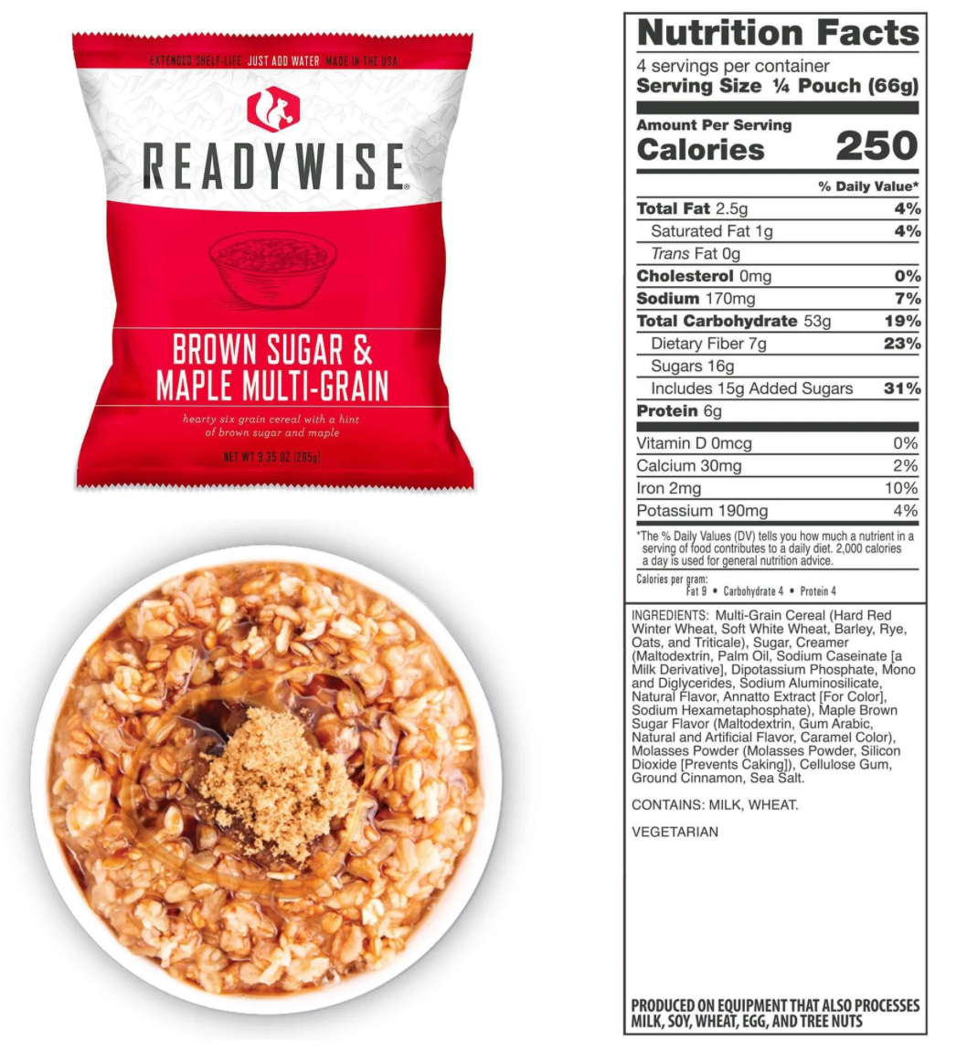 picture of Readywise brown sugar and maple multi-grain cereal, picture of bowl of prepared food, and nutrition facts