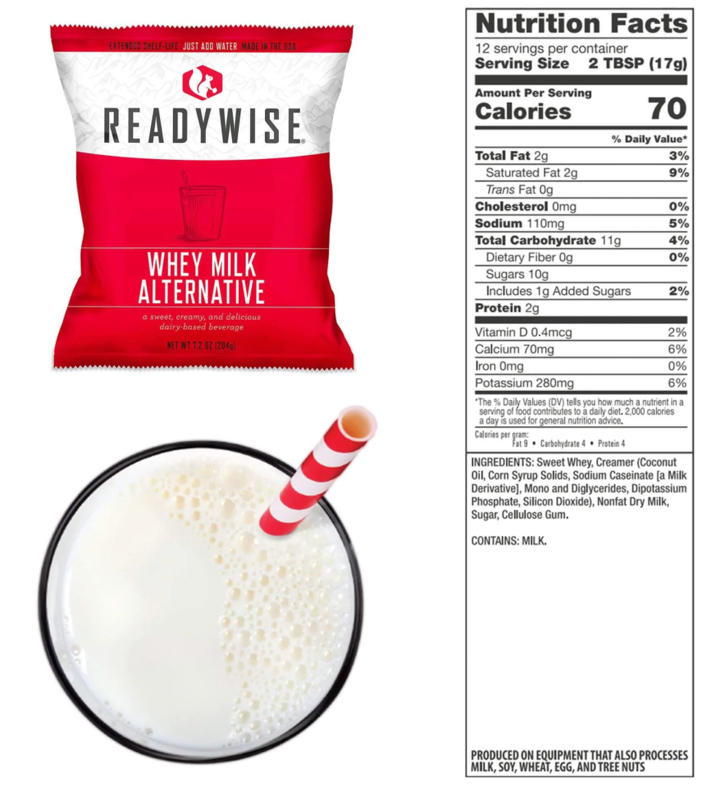 picture of Readywise packet of whey milk alternative as well as a picture of the top of glass of milk with straw and nutrition information