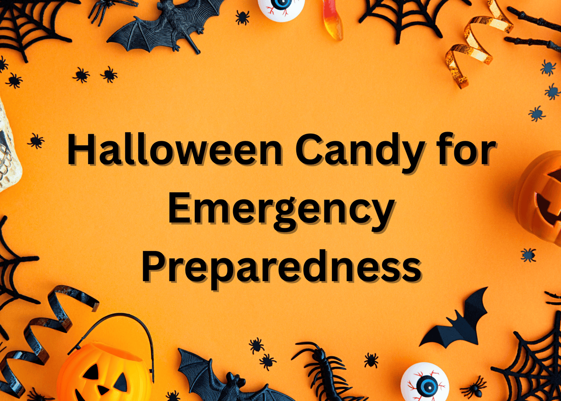 Halloween-themed flat lay with candy, bats, and pumpkins around the words ‘Halloween Candy for Emergency Preparedness."