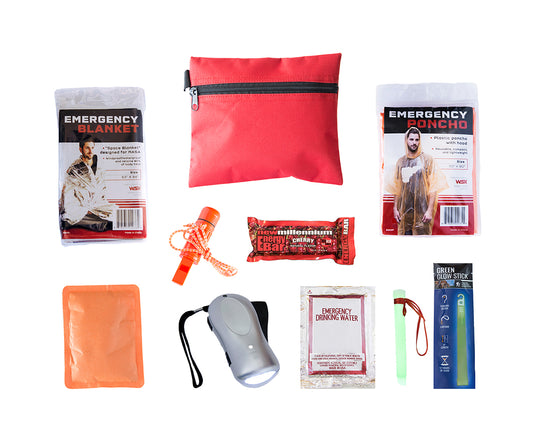 small kit for children to take to school, includes a compact pouch, emergency blanket, emergency poncho, emergency whistle, energy bar, hand warmer, hand powered flashlight, pouch of emergency drinking water and bright stick