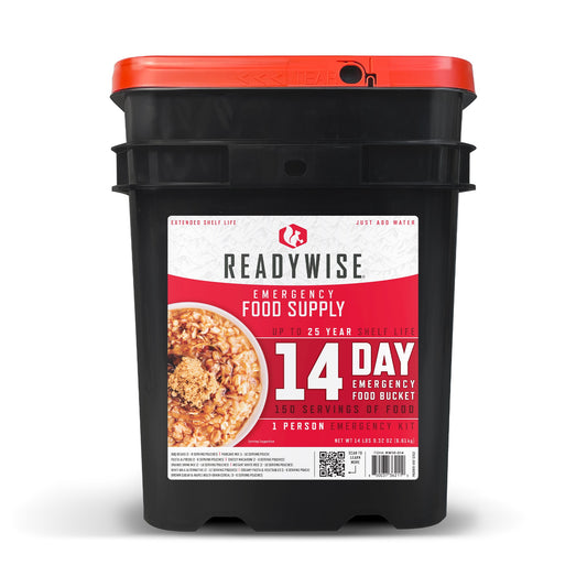 pickture of black bucket with Readywise 14 Day Emergency Food Supply inside