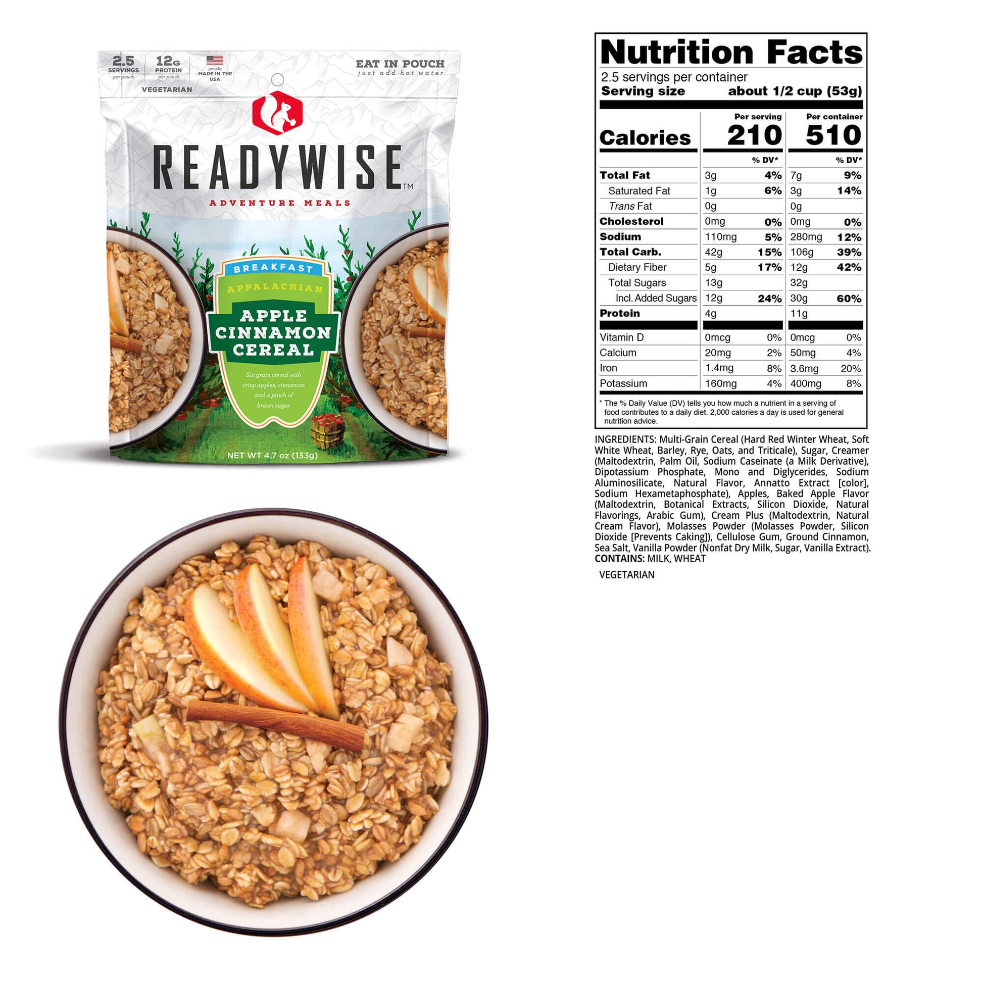 picture of packet of Readywise apple cinnamon cereal and bowl of prepared food