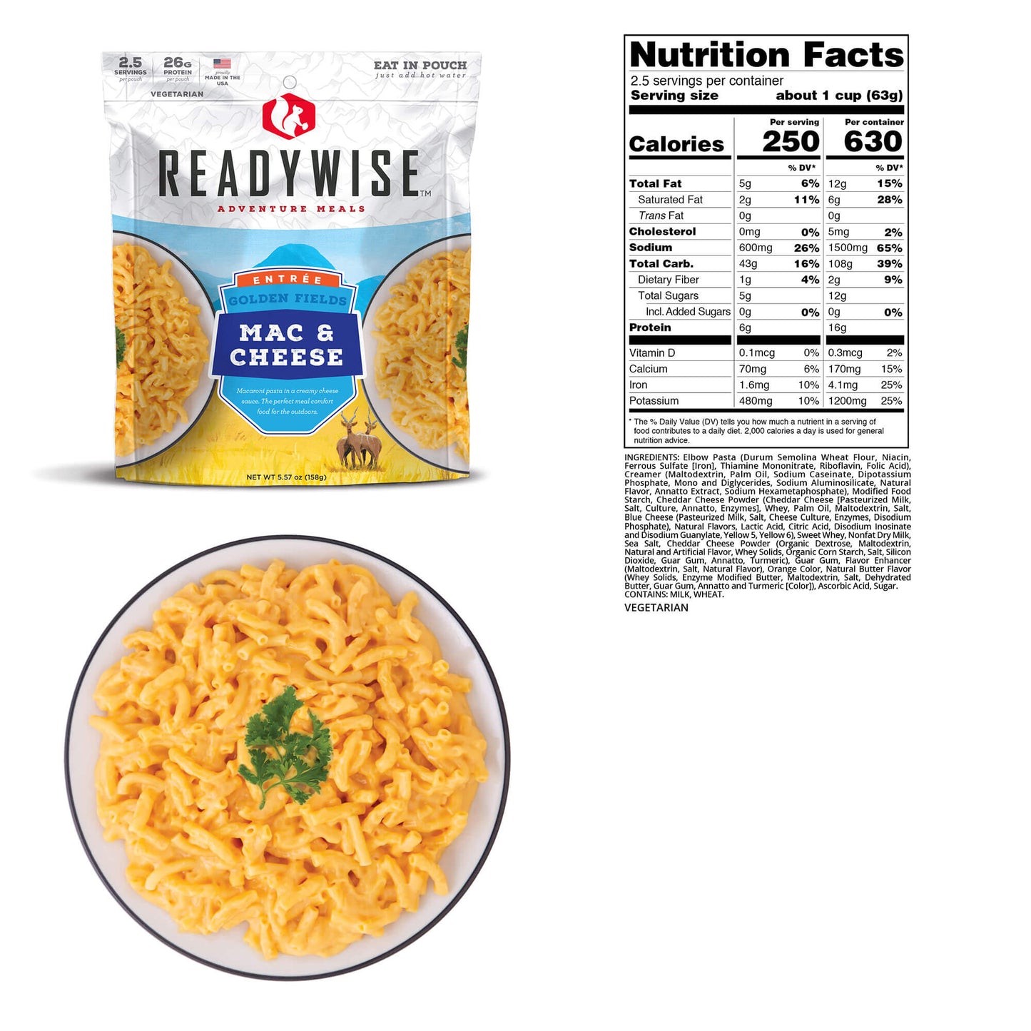 picture of packet of Readywise Mac and cheese with plate of prepared product