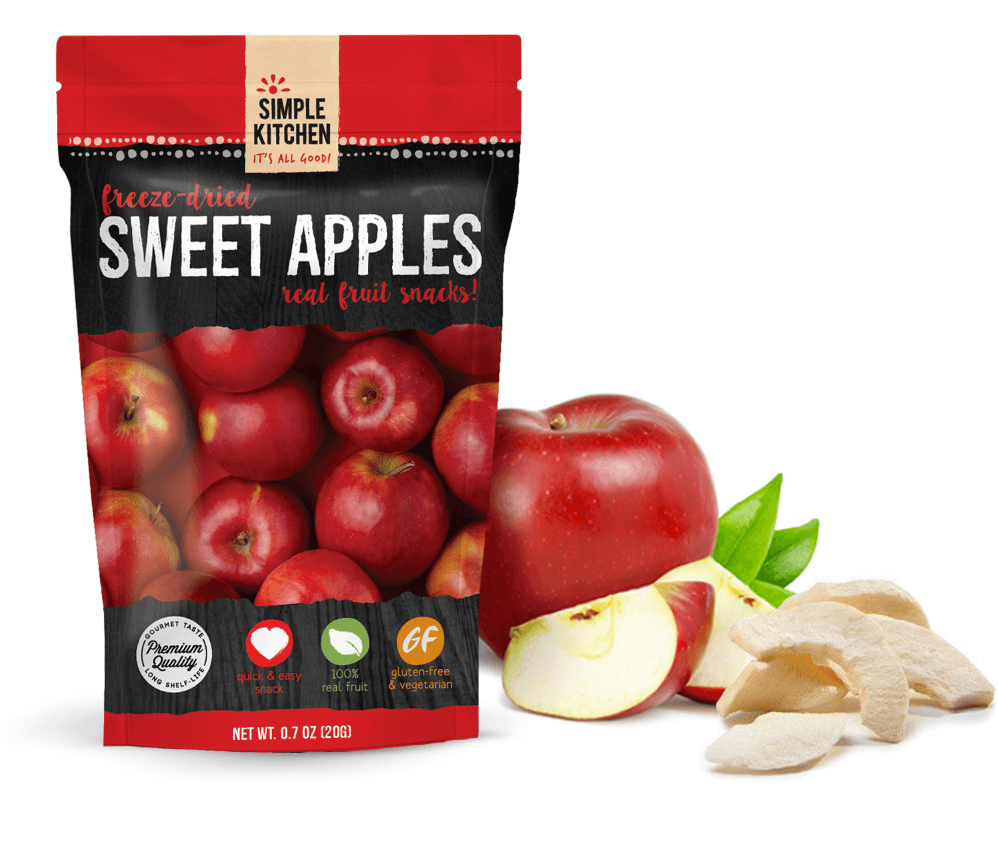 picture of packet of Simple Kitchen freeze-dried sweet apples and pictures of apple chips