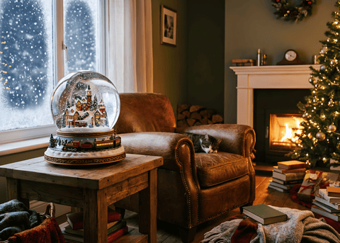 a cozy living room with a leather chair by the window with a snow globe on the table and a fire in the fireplace