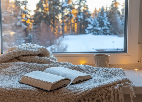 Open Bible and warm drink by a window on a snowy winter day
