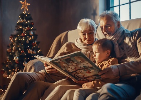 Grandparents reading a Christmas book with a young child beside a lit Christmas tree
