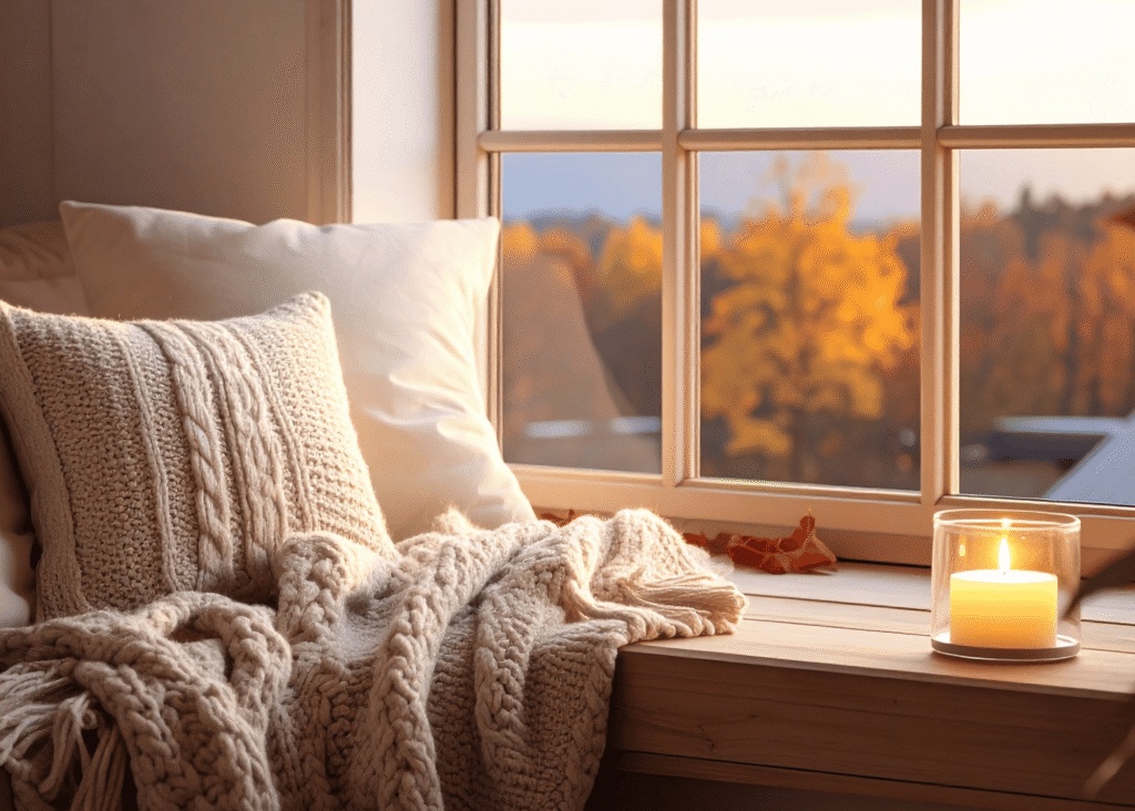 a cozy prepared indoor scene:  comfy sofa with blanket, candle lit, and fall foliage outside the window.