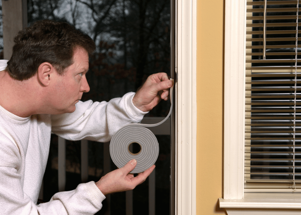a man applying fresh weather stripping to his door