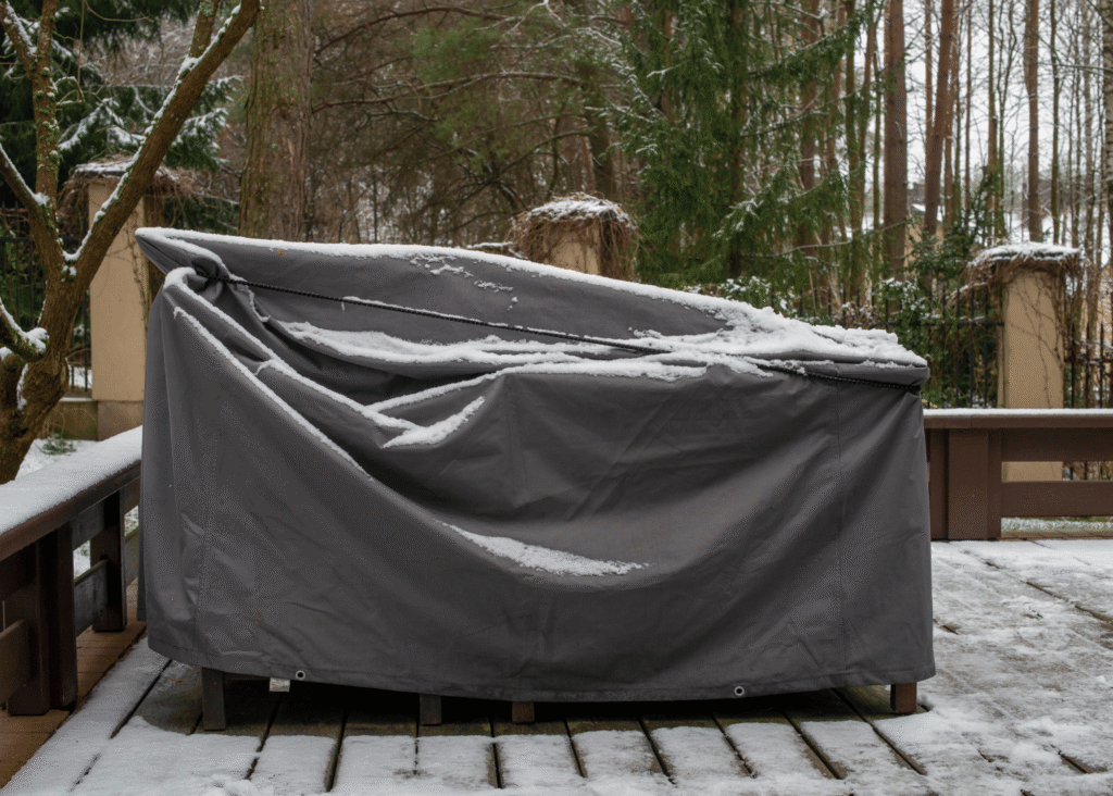 prep your outdoor space for winter.  Pictured is a deck chair that has been covered