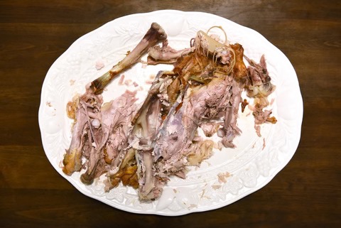 Cooked turkey bones left on a plate, which are dangerous for pets
