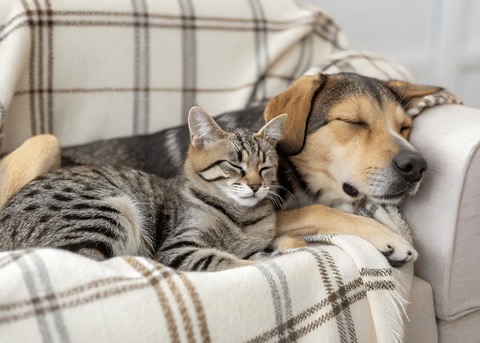 Dog and cat resting together in a calm, pet-friendly home during the holidays