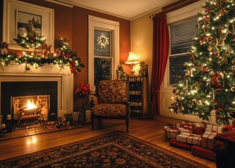 a beautifully decorated living room...cozy fireplace, soft lights.