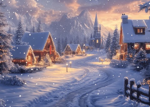 a serene, Christmas scene, houses modestly decorated and snow...