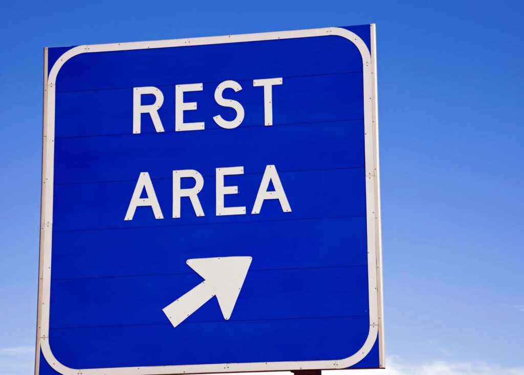 Highway rest stop for regular breaks every two hours during long-distance holiday travel