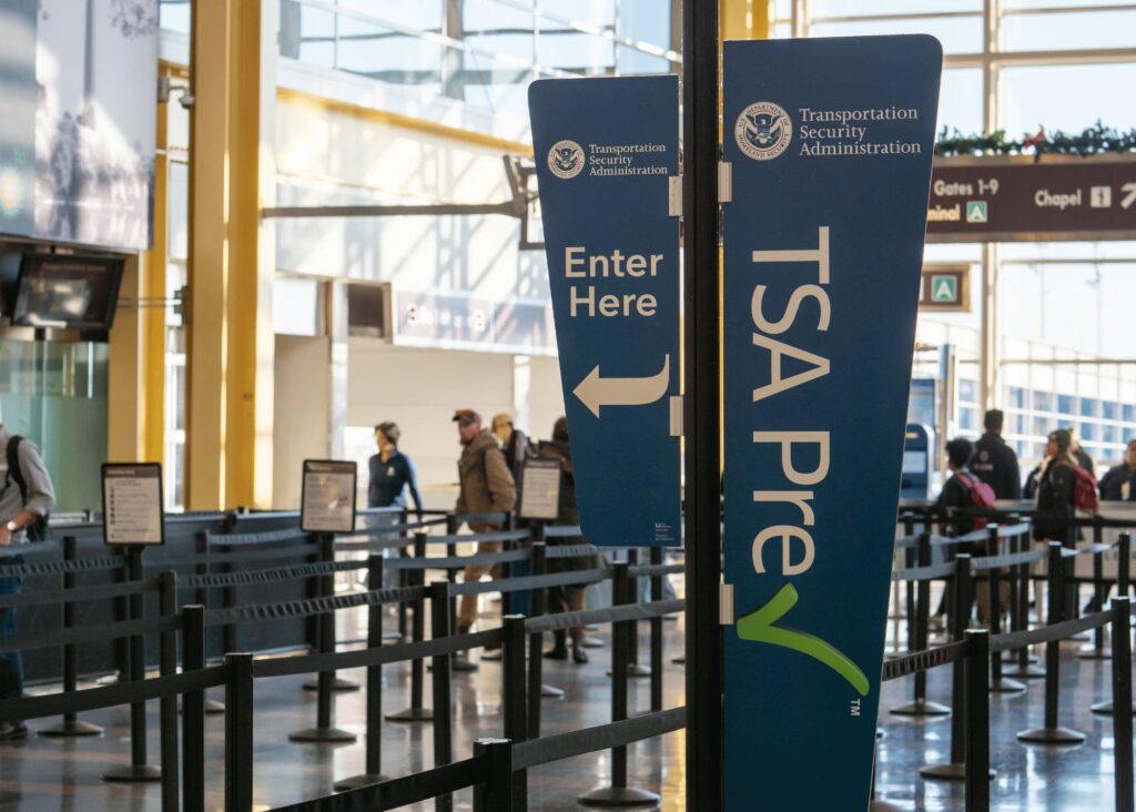 TSA security checkpoint, showing that there is a check in for TSA Pre and everyone else.