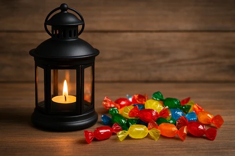 a lantern next to hard candy