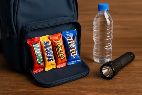a backpack next to a water bottle and flashlight with four candy bars