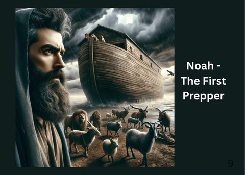 an AI image of Noah with the ark in the background along with different animals