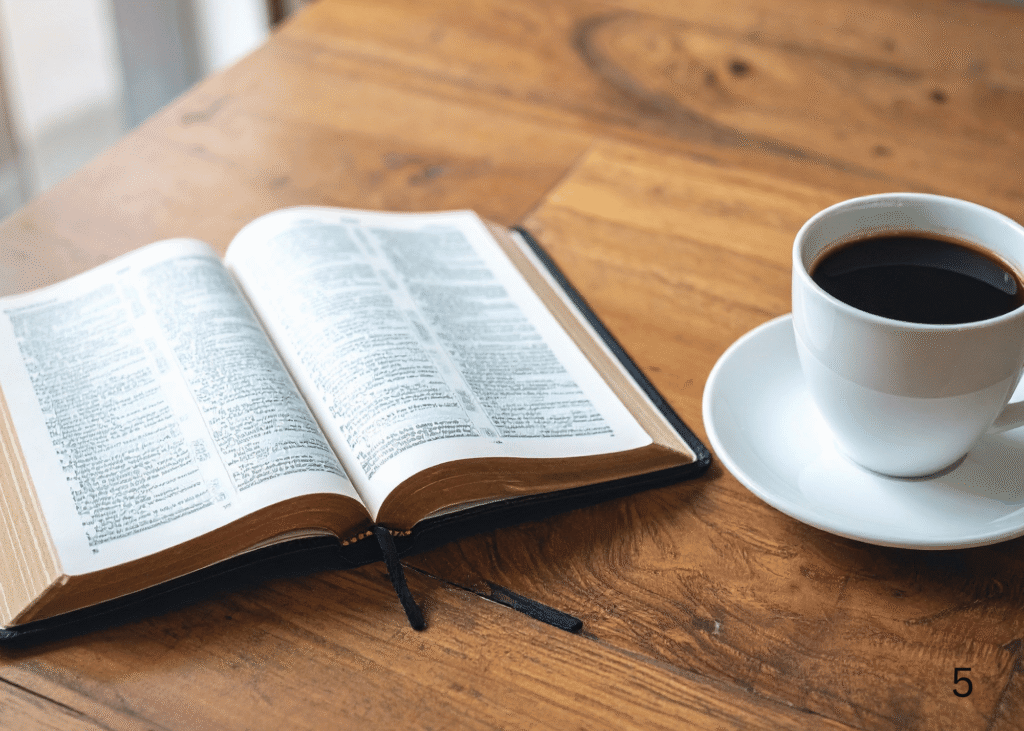 open bible on a table next to a cup of coffee