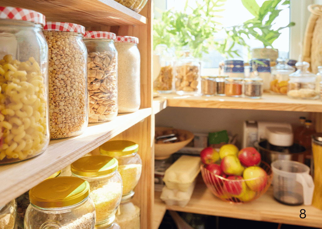 a well-organized pantry with jars of food
