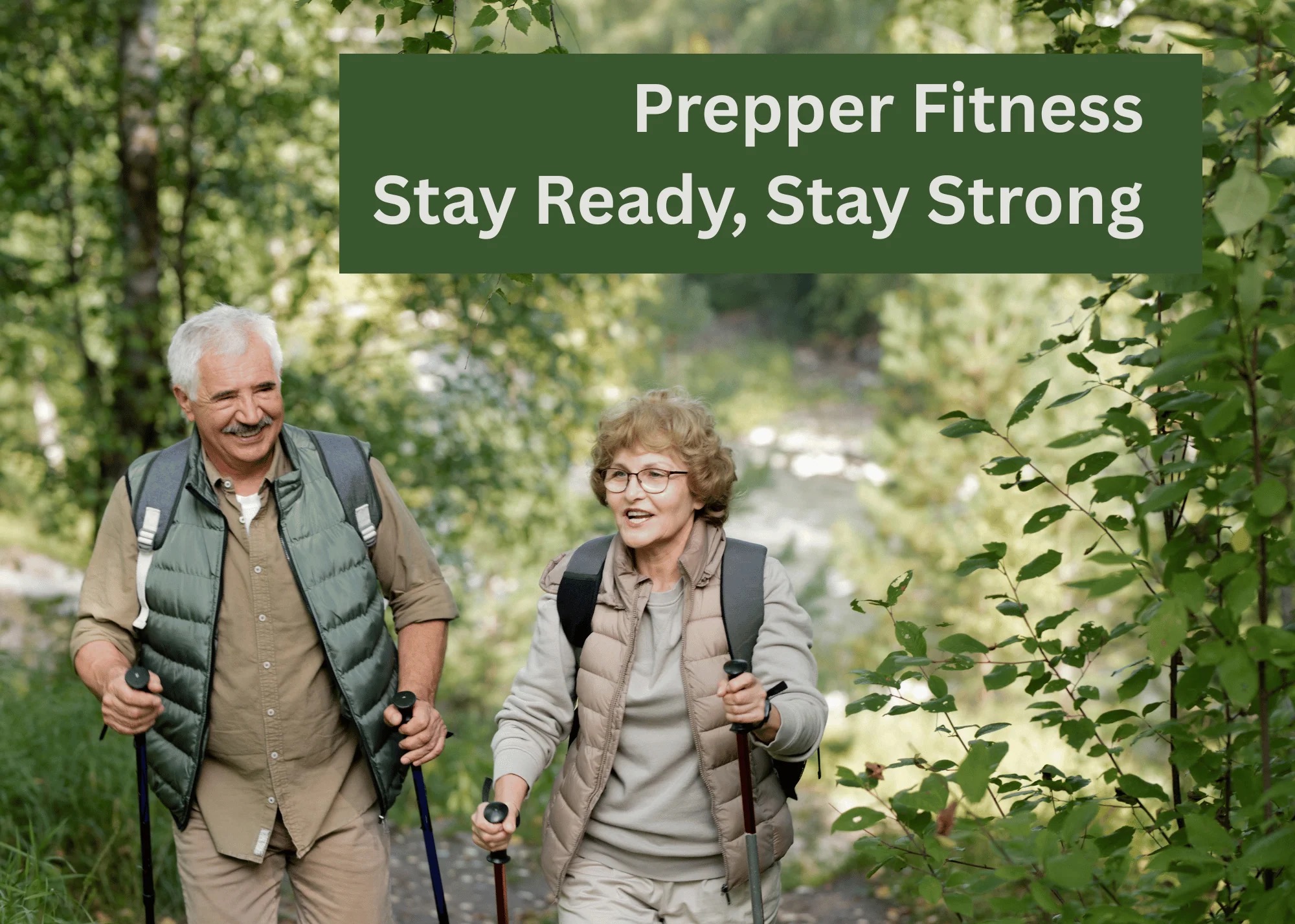 a man and woman hiking in the woods with the words "Prepper Finesss. Stay Ready, Stay Strong"