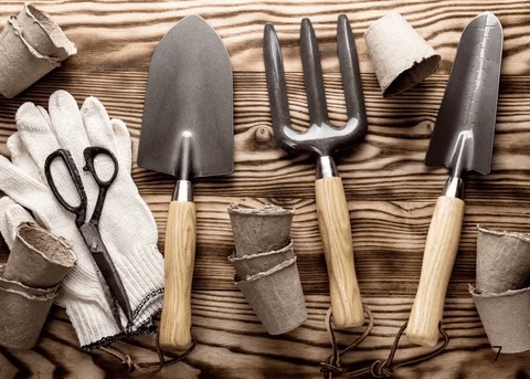 hand gardening tools, shovel, "plow", string, scissors