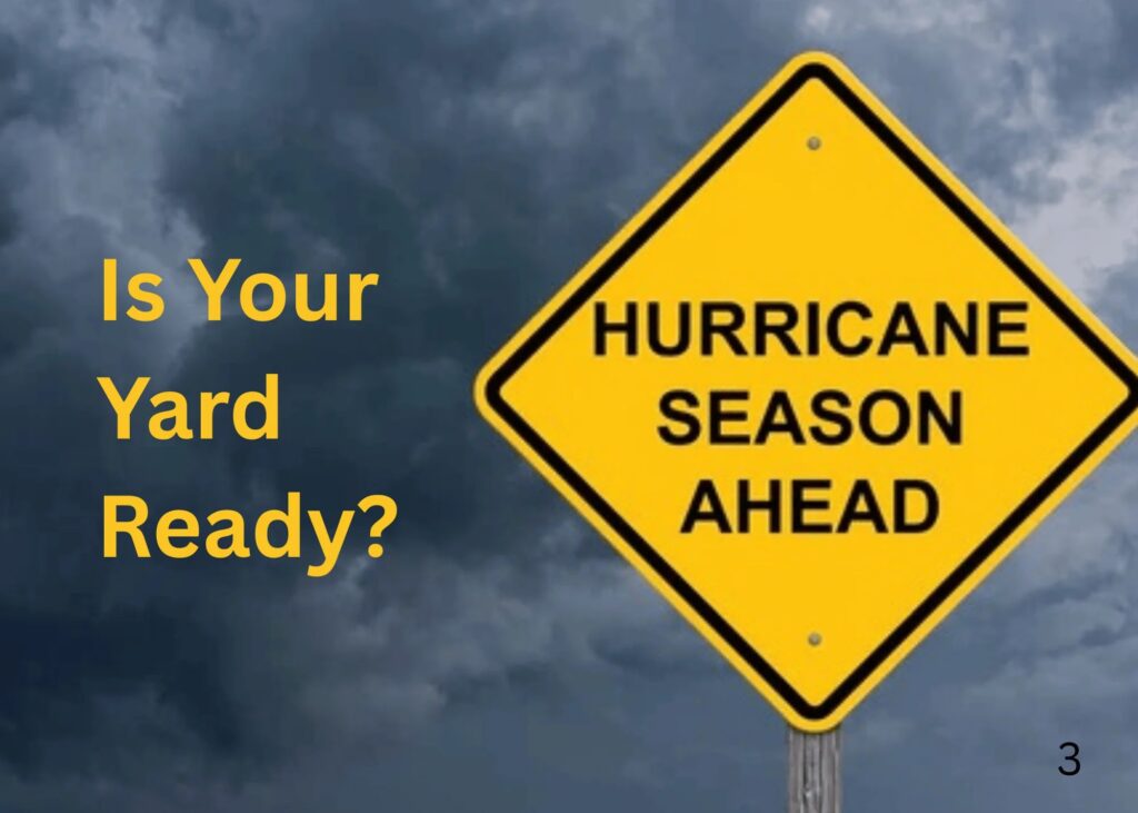 dark clouds in the background. A sign says "Hurricane Season Ahead" with the words "Is Your Yard Ready"
