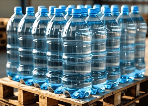 large water bottles sitting on a pallet, not on the ground