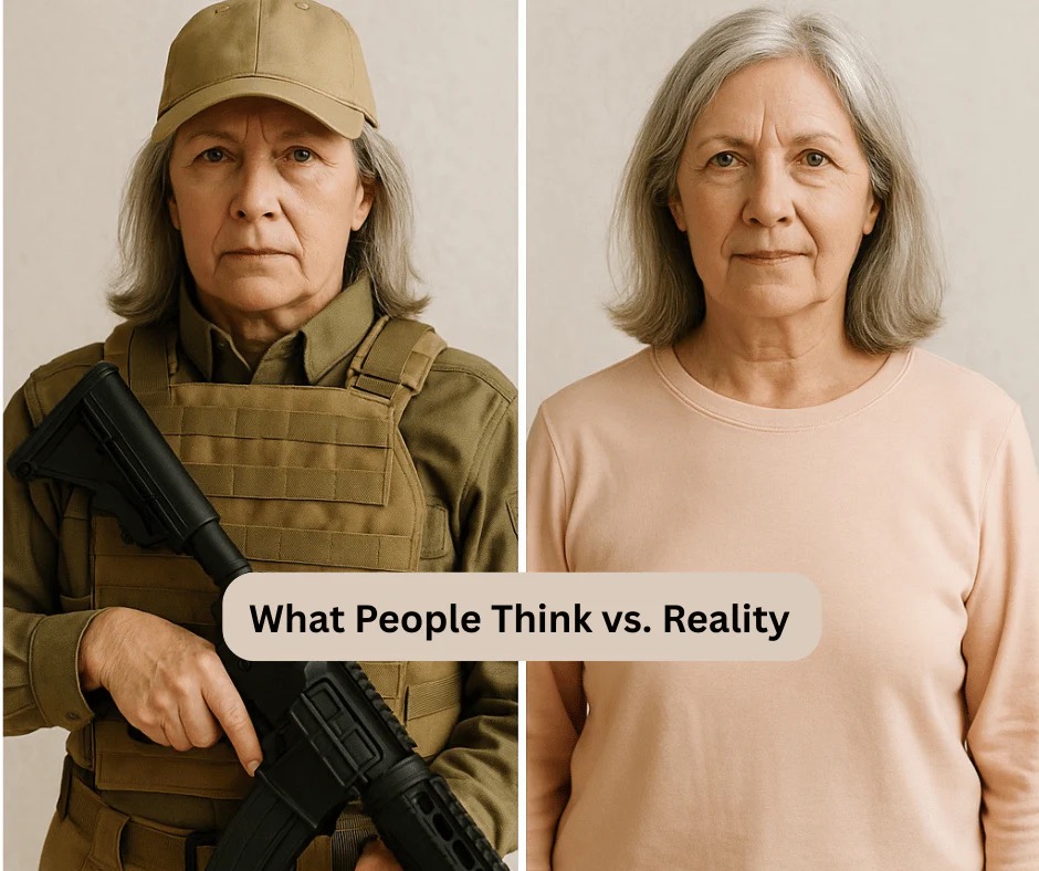 a woman in tactical gear....the same woman in regular clothes....what people think vs reality