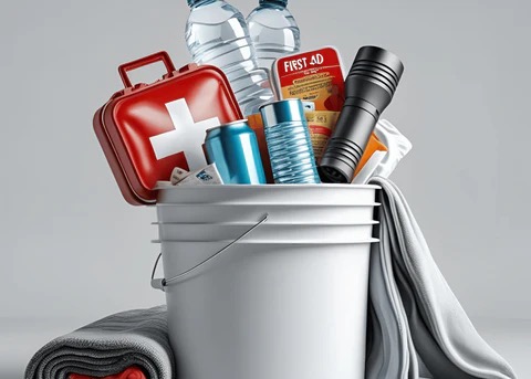 Emergency supplies in a white plastic bucket