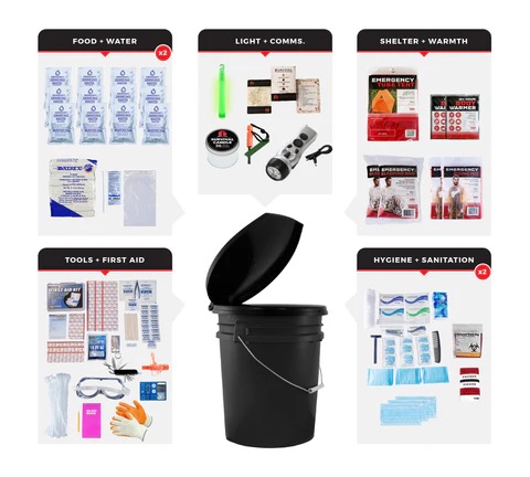 the bucket and lid and contents for a 2 person comfort survival kit