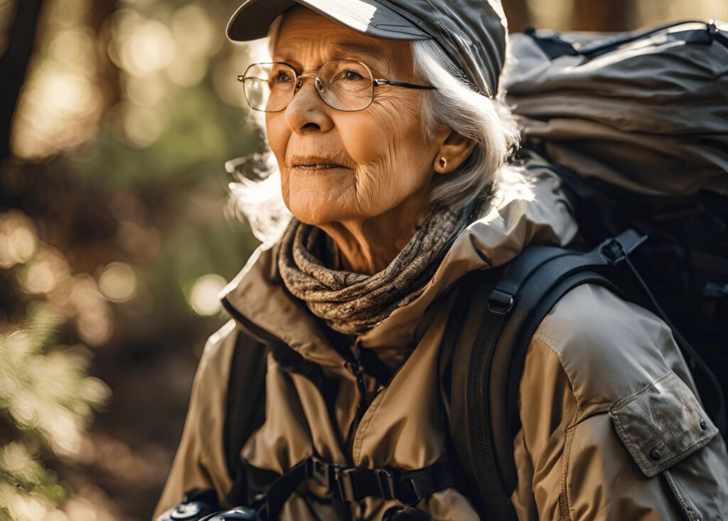 an older woman in the wilderness dressed in tactical gear