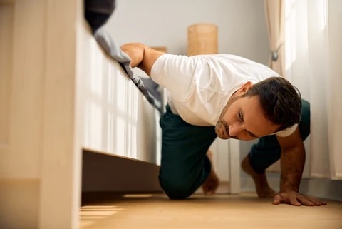 man checking under the bed 
