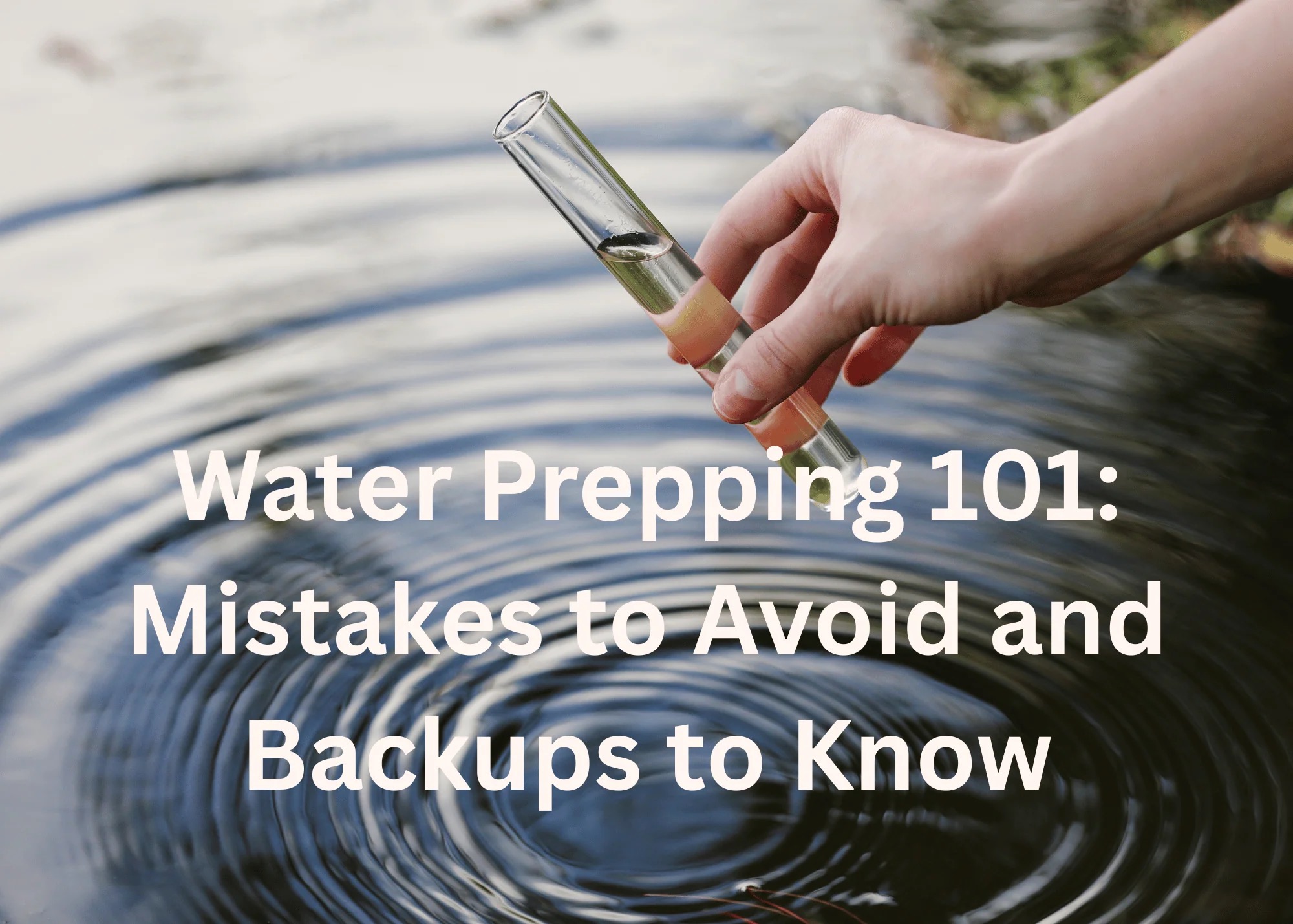 a pool of water, a test tube filled with water, with words superimposed water prepping 101: Mistakes to Avoid and Backups to Know