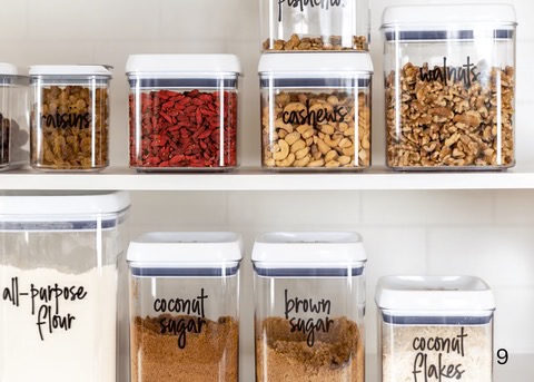 jars in the pantry labeled with items inside them, like beans, and pasta