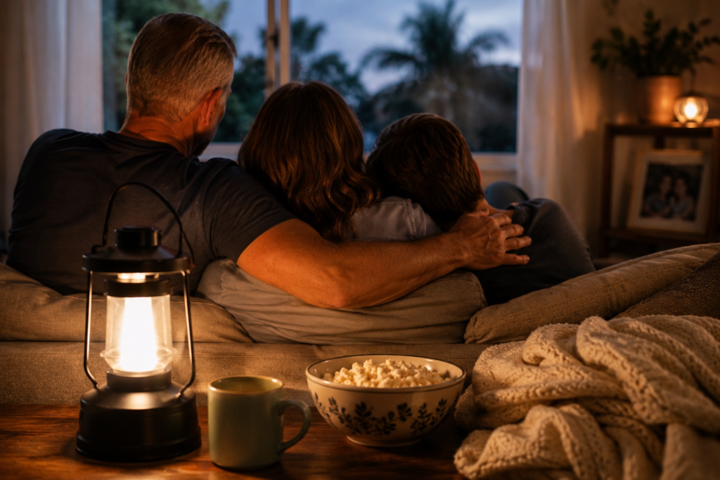 a family sitting on a couch together