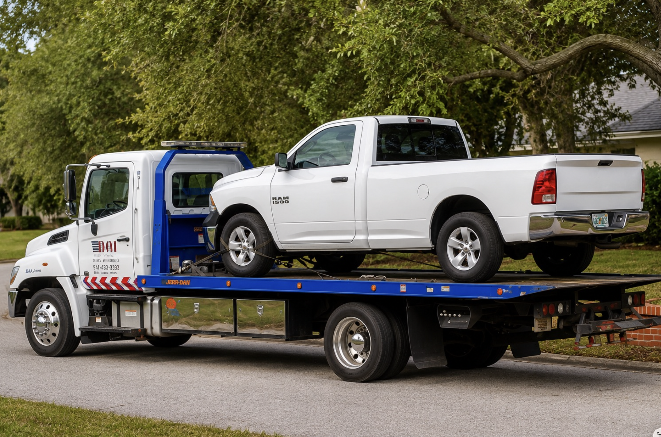 our white truck being towed away