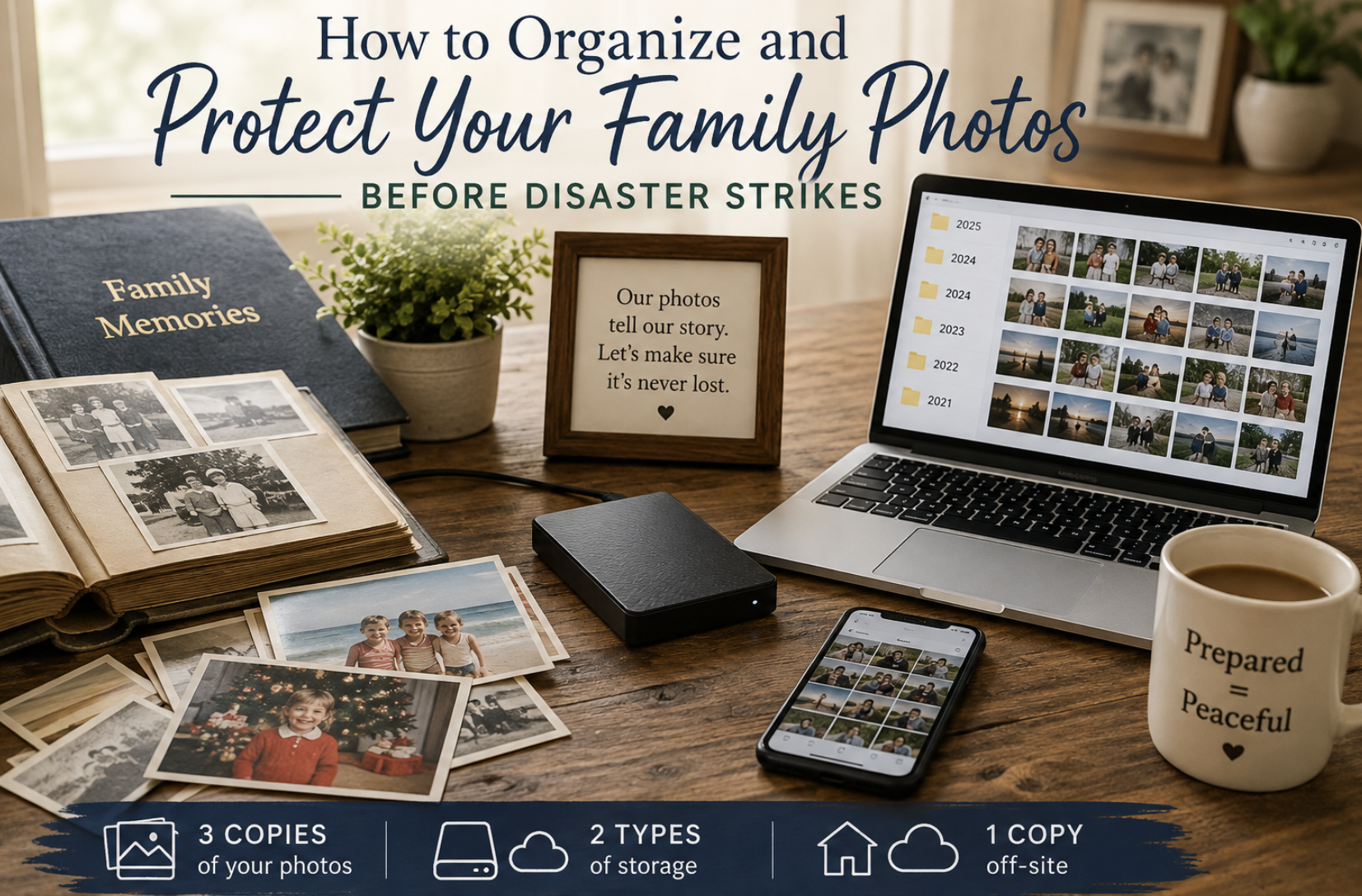 a table with old photographs as well as digital photos with the words "how to Organize and Protect Your Family Photos"